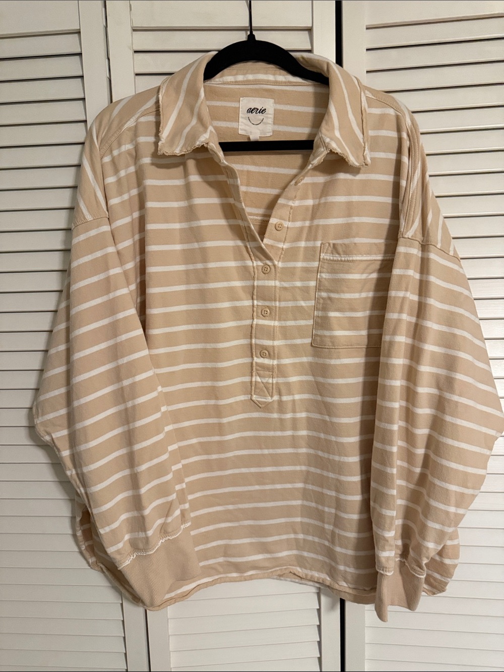 aerie Beige and White Striped Long-Sleeve Polo